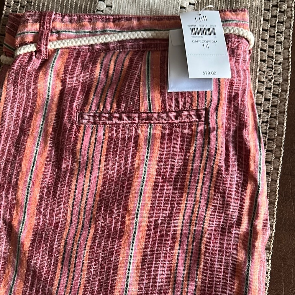 NWT J.Jill Striped Shorts, Sz 14, Rope Belt, Slash Side Pockets - Picture 2 of 9